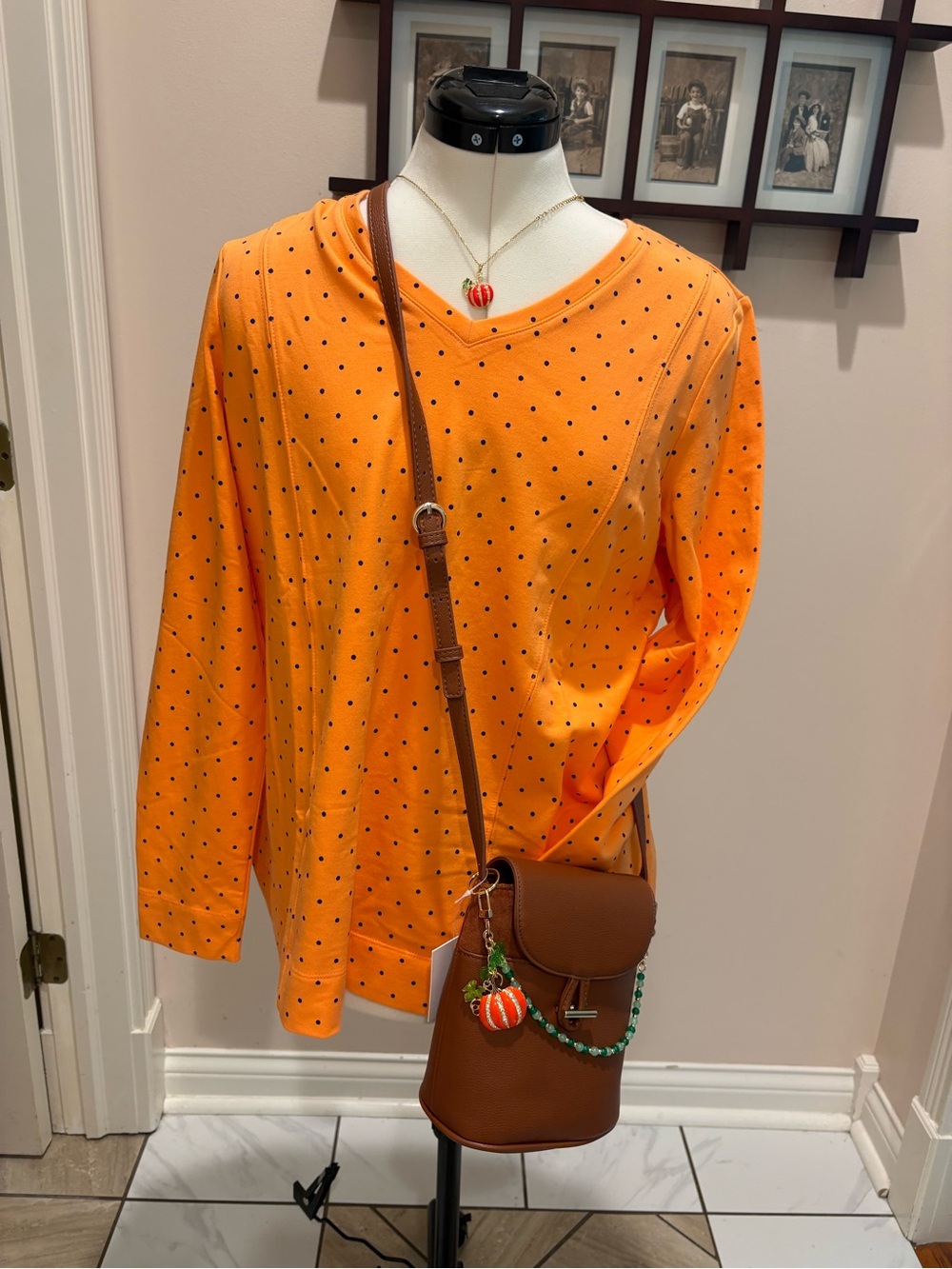 🎃Brand New!Orange Polka Dot Long-Sleeve Top + Brand New purse/Charms + necklace